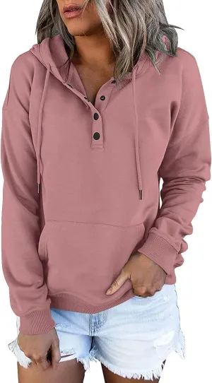 Half Button Pullover Hoodies for Women,Plus Size Soild Fleece Long Sleeve Kangaroo Pocket Winter Sweatshirt Tops