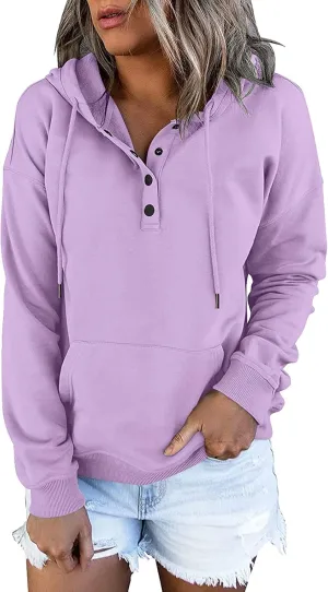 Half Button Pullover Hoodies for Women,Plus Size Soild Fleece Long Sleeve Kangaroo Pocket Winter Sweatshirt Tops