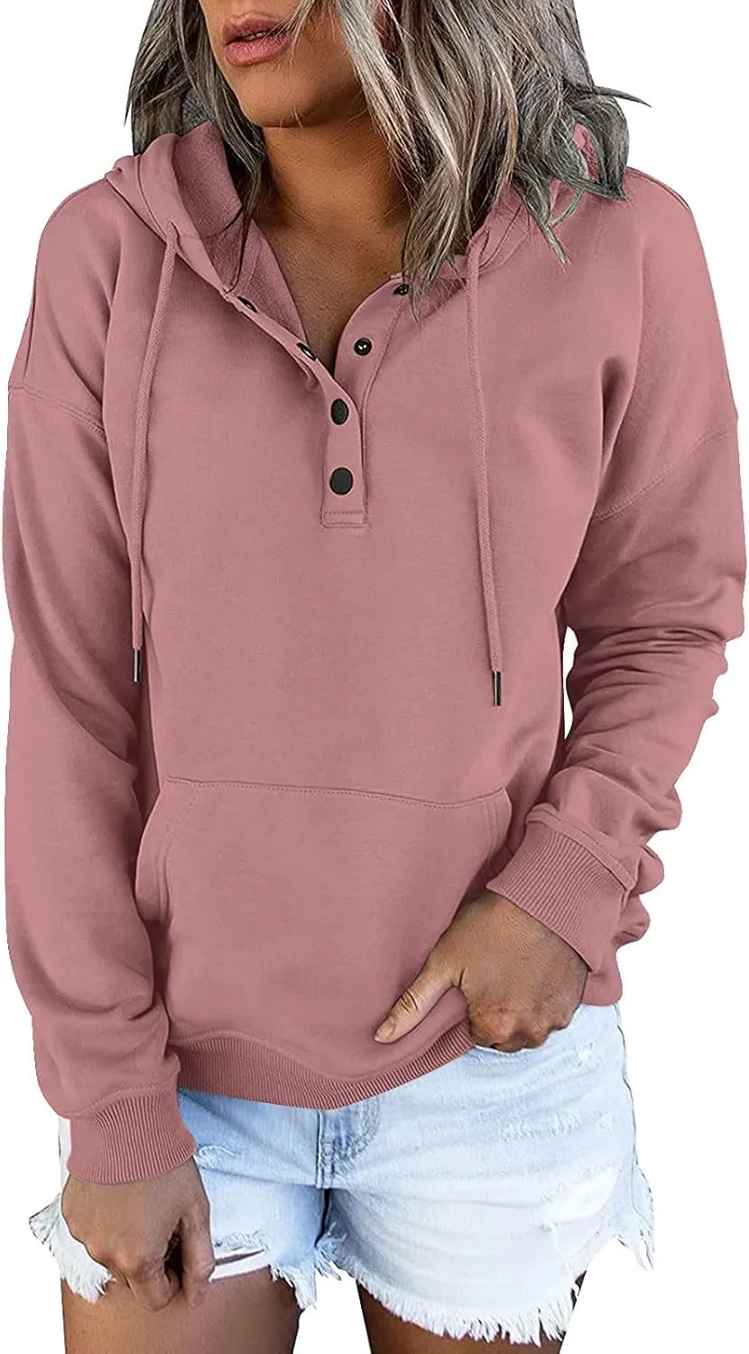 Half Button Pullover Hoodies for Women,Plus Size Soild Fleece Long Sleeve Kangaroo Pocket Winter Sweatshirt Tops