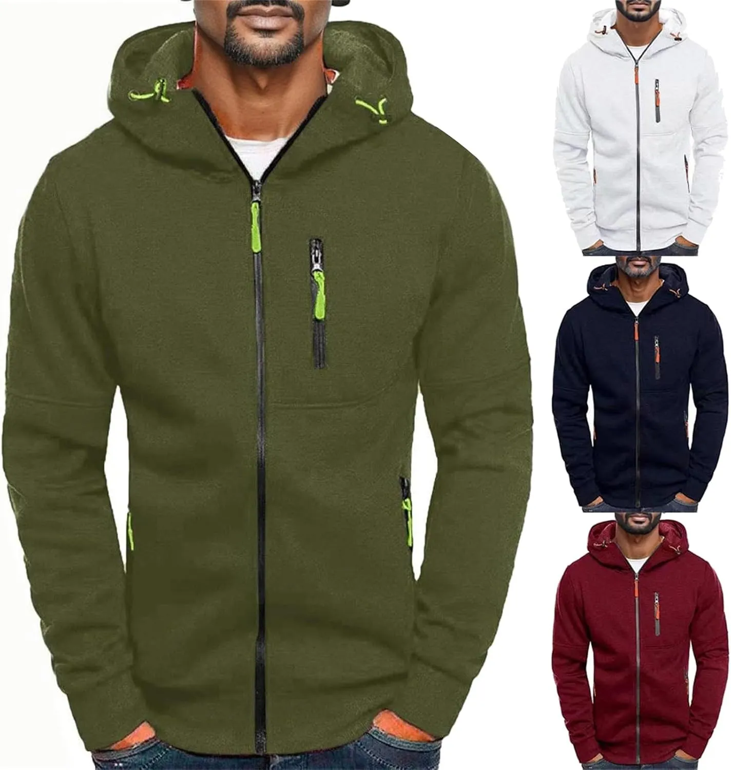 Hoodie Men, Men Hoodies Casual Hoodies for Men with Zip Pockets Full Zip Long Sleeve Sweatshirt Sports Y2k Hooded Jacket
