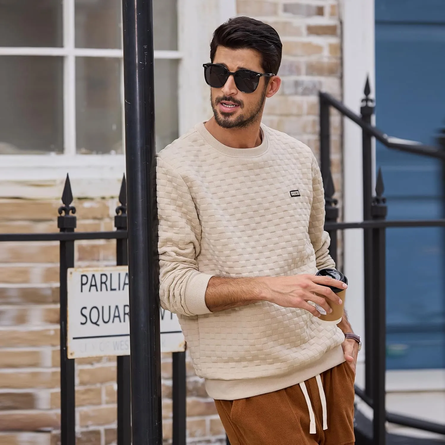 HOTake Mens Crewneck Sweatshirts Waffle Panttern Texture Outdoor Leisure Pullover Sweatshirts