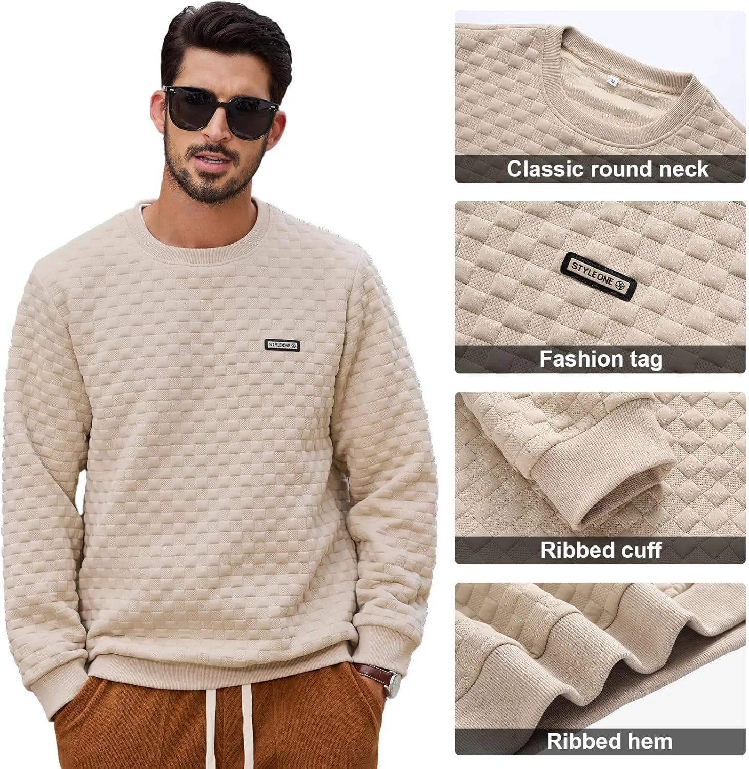 HOTake Mens Crewneck Sweatshirts Waffle Panttern Texture Outdoor Leisure Pullover Sweatshirts