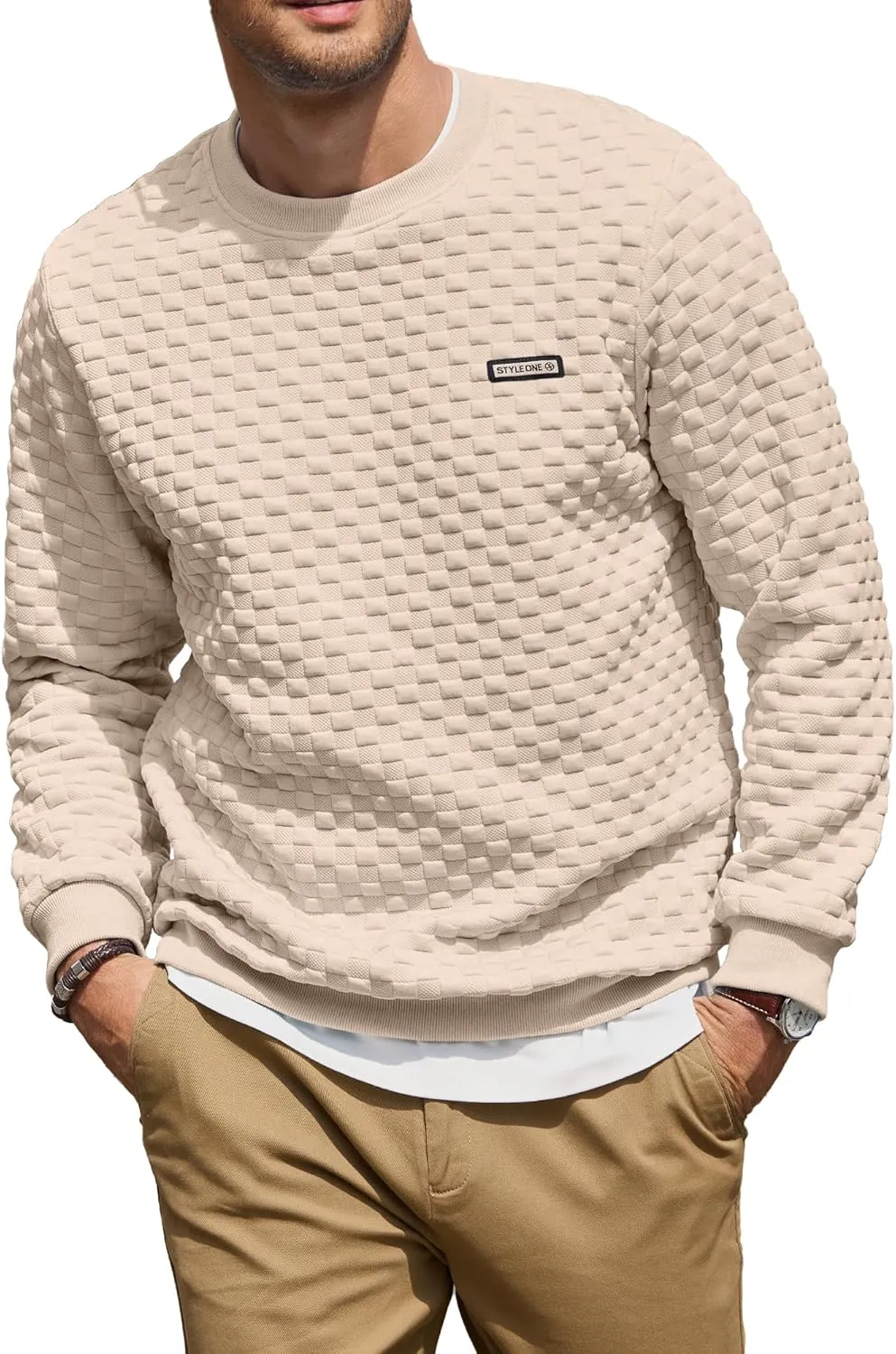 HOTake Mens Crewneck Sweatshirts Waffle Panttern Texture Outdoor Leisure Pullover Sweatshirts