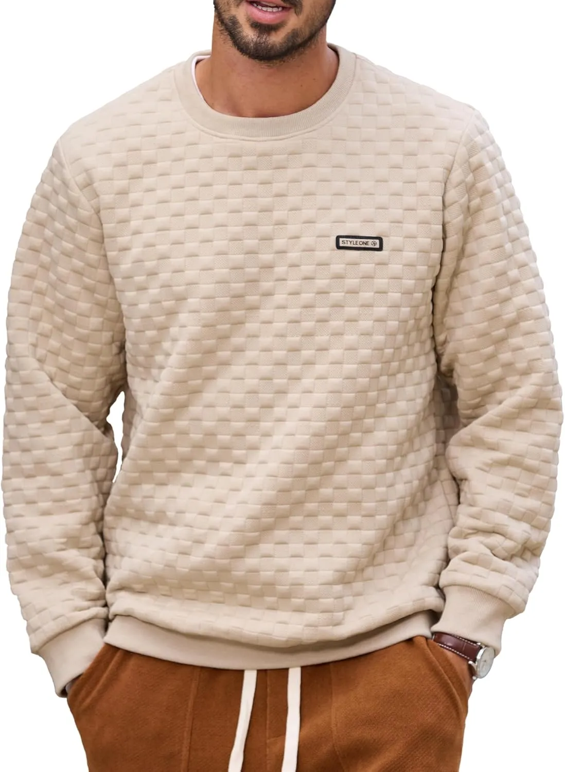 HOTake Mens Crewneck Sweatshirts Waffle Panttern Texture Outdoor Leisure Pullover Sweatshirts