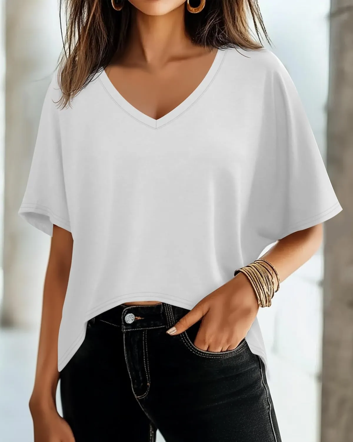 Huukeay 3 Pack Oversized T Shirts for Women Short Sleeve Crop Tops V Neck Irregular Hem Baggy Cropped Tees