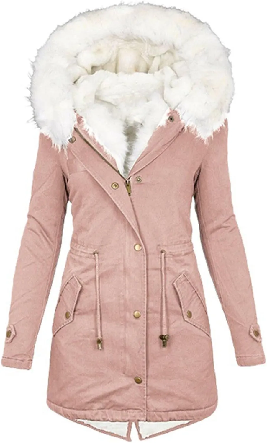 jsaierl Womens Winter Long Padded Coats with Fur Hood Fleece Lined Puffer Jacket Zipper Button Outerwear Thicken Warm Parka
