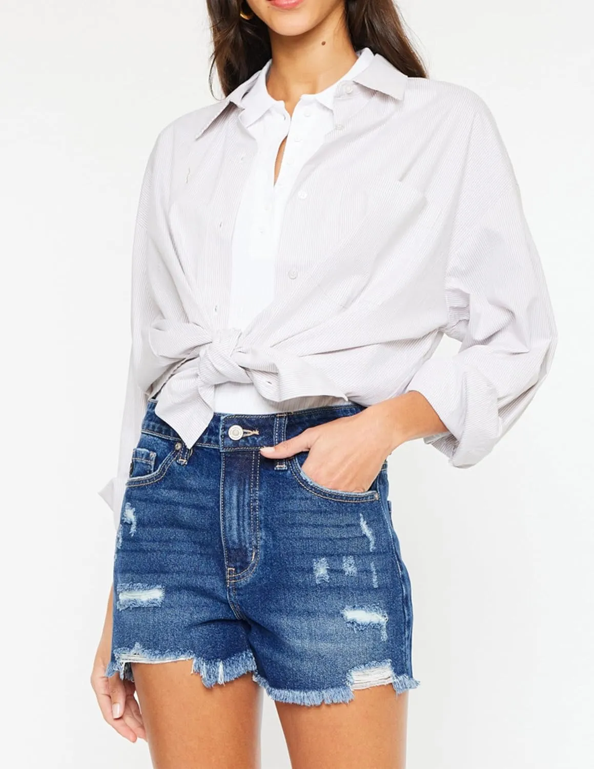 Kancan Jeans Glora High Rise Shorts Distressed Frayed Hem Dark Wash Short Denim KC9206D