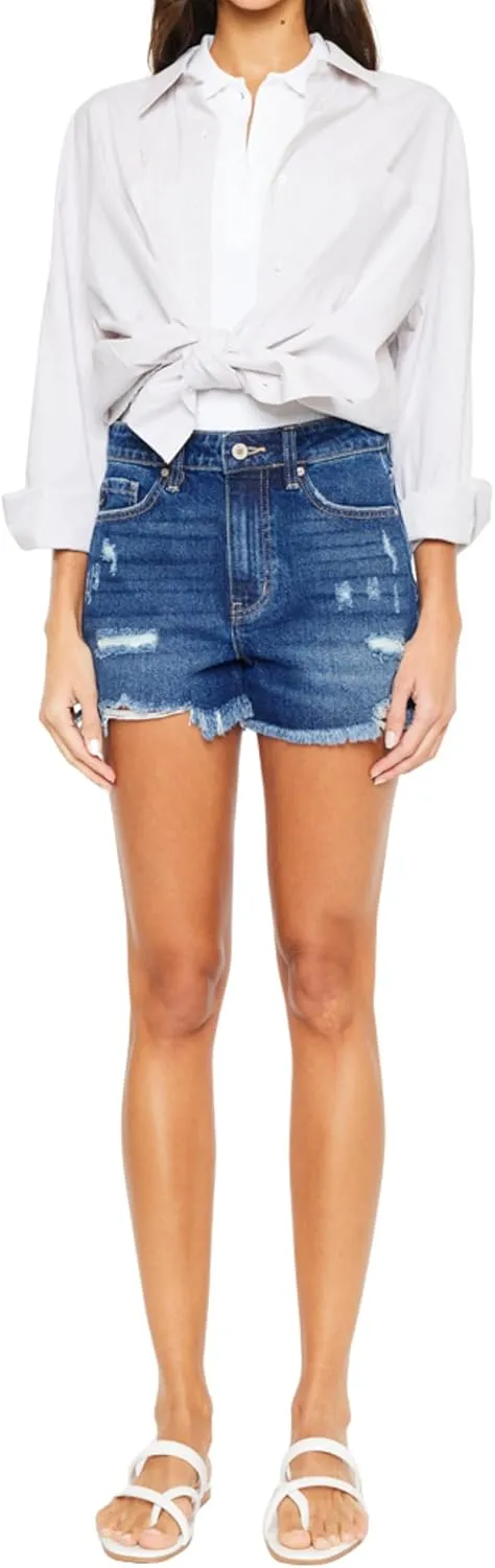 Kancan Jeans Glora High Rise Shorts Distressed Frayed Hem Dark Wash Short Denim KC9206D