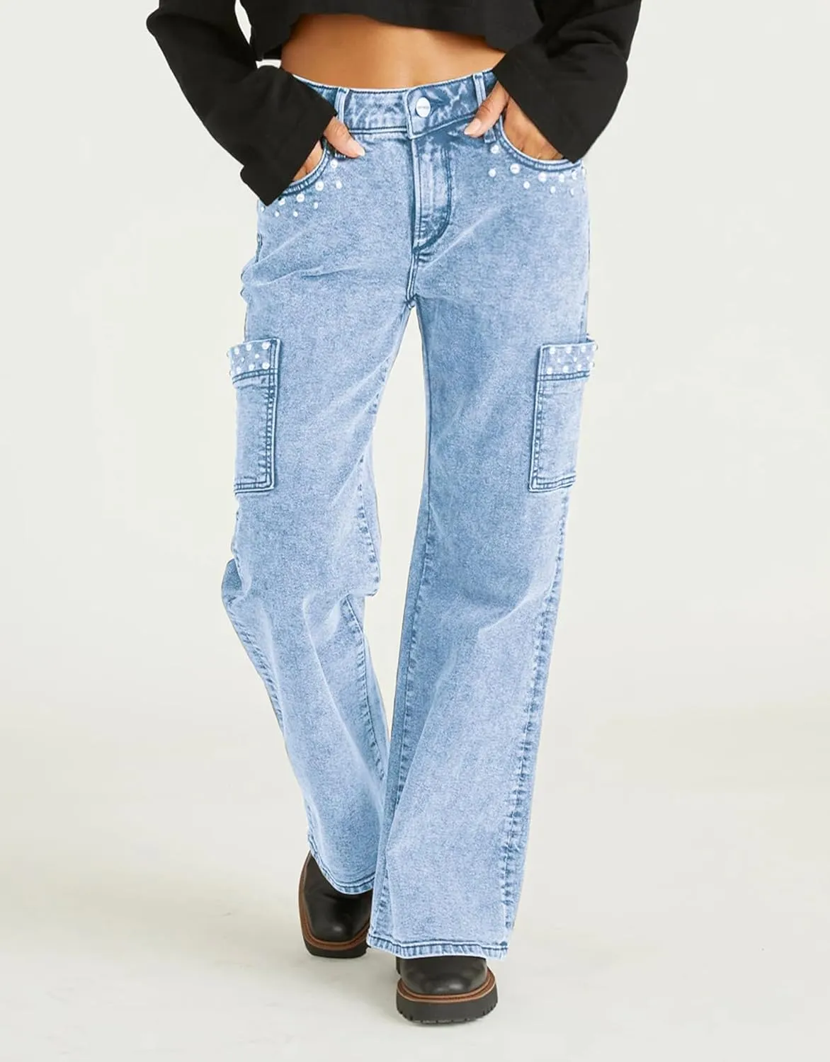 Kedera Women's Pearl Jeans High Waisted Jeans Boyfriend Baggy Straight Leg Casual Denim Pants Trousers Y2K