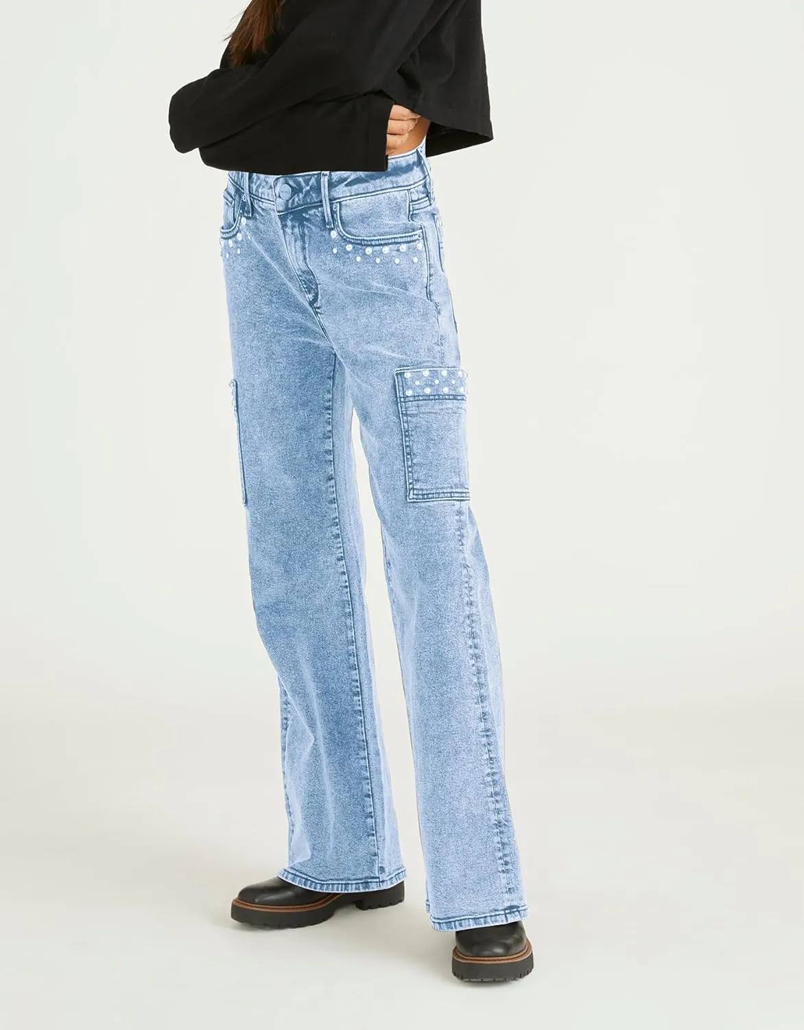 Kedera Women's Pearl Jeans High Waisted Jeans Boyfriend Baggy Straight Leg Casual Denim Pants Trousers Y2K