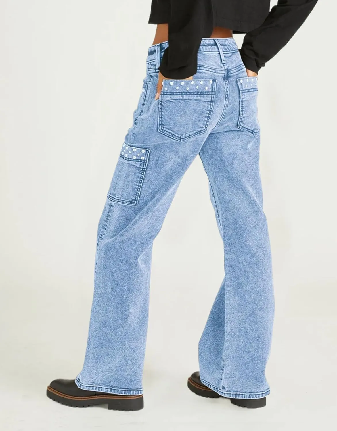 Kedera Women's Pearl Jeans High Waisted Jeans Boyfriend Baggy Straight Leg Casual Denim Pants Trousers Y2K