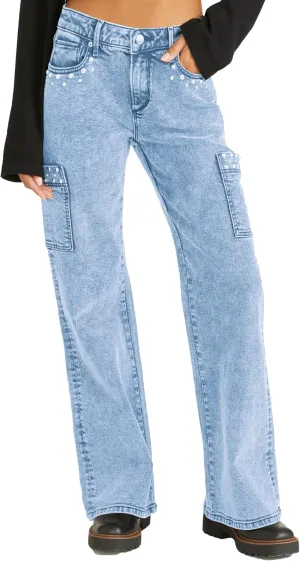 Kedera Women's Pearl Jeans High Waisted Jeans Boyfriend Baggy Straight Leg Casual Denim Pants Trousers Y2K