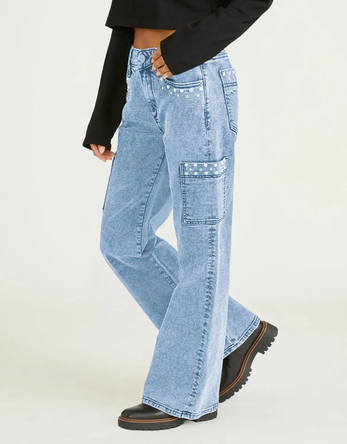 Kedera Women's Pearl Jeans High Waisted Jeans Boyfriend Baggy Straight Leg Casual Denim Pants Trousers Y2K