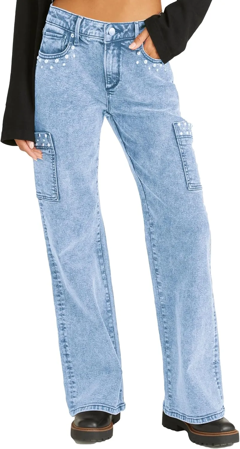 Kedera Women's Pearl Jeans High Waisted Jeans Boyfriend Baggy Straight Leg Casual Denim Pants Trousers Y2K