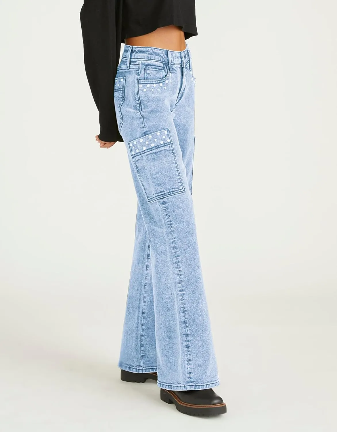 Kedera Women's Pearl Jeans High Waisted Jeans Boyfriend Baggy Straight Leg Casual Denim Pants Trousers Y2K