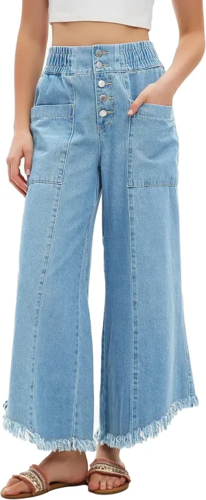 LifeShe Women's Baggy Wide Leg Jeans Elastic Waisted Cropped Denim Pants Loose Boyfriend Raw Hem Jeans