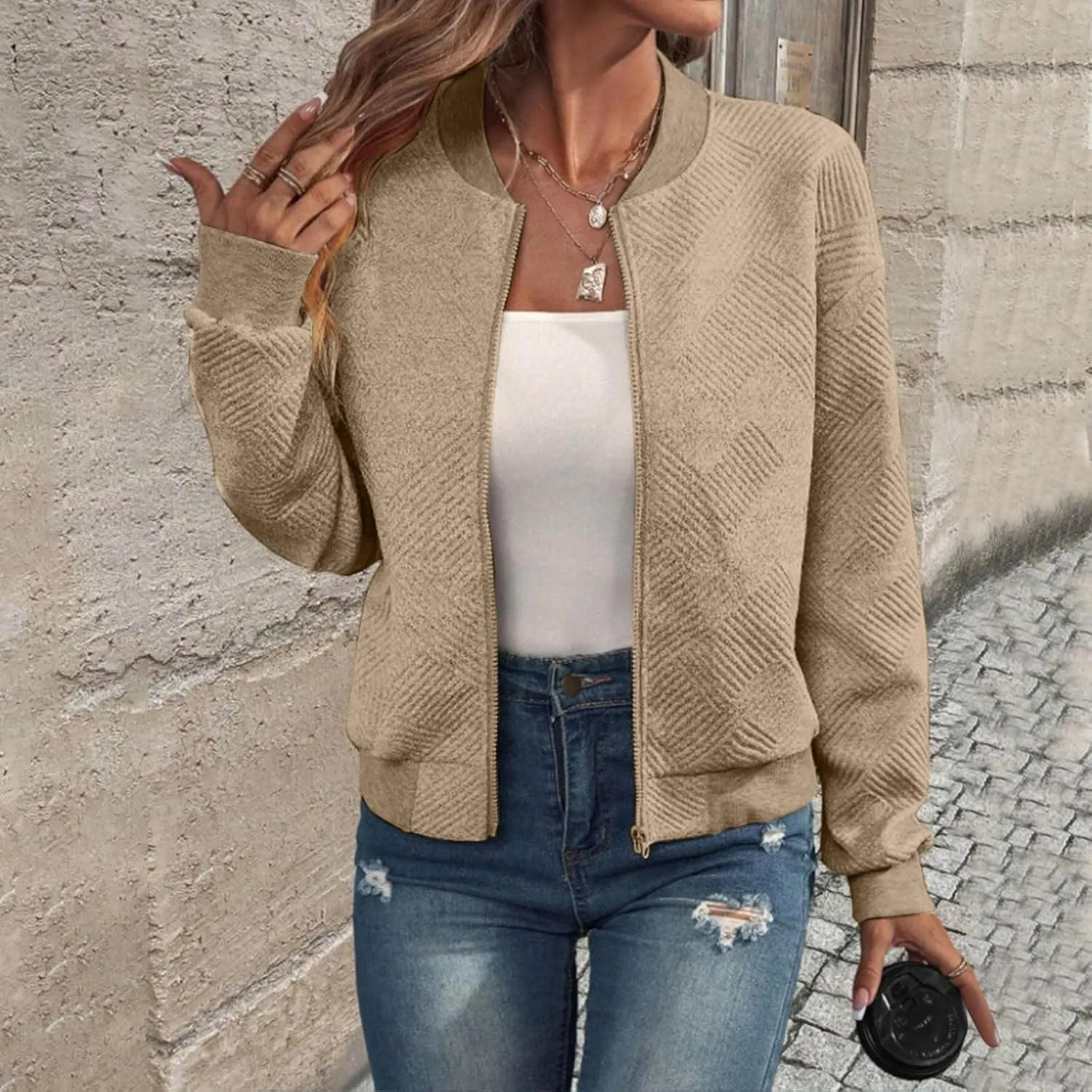 Lightweight Jacket Women Full Zip Bomber Jacket Soft Long Sleeve Zip Up Outwear Crew Neck Sweatshirt Coat Dressy Casual