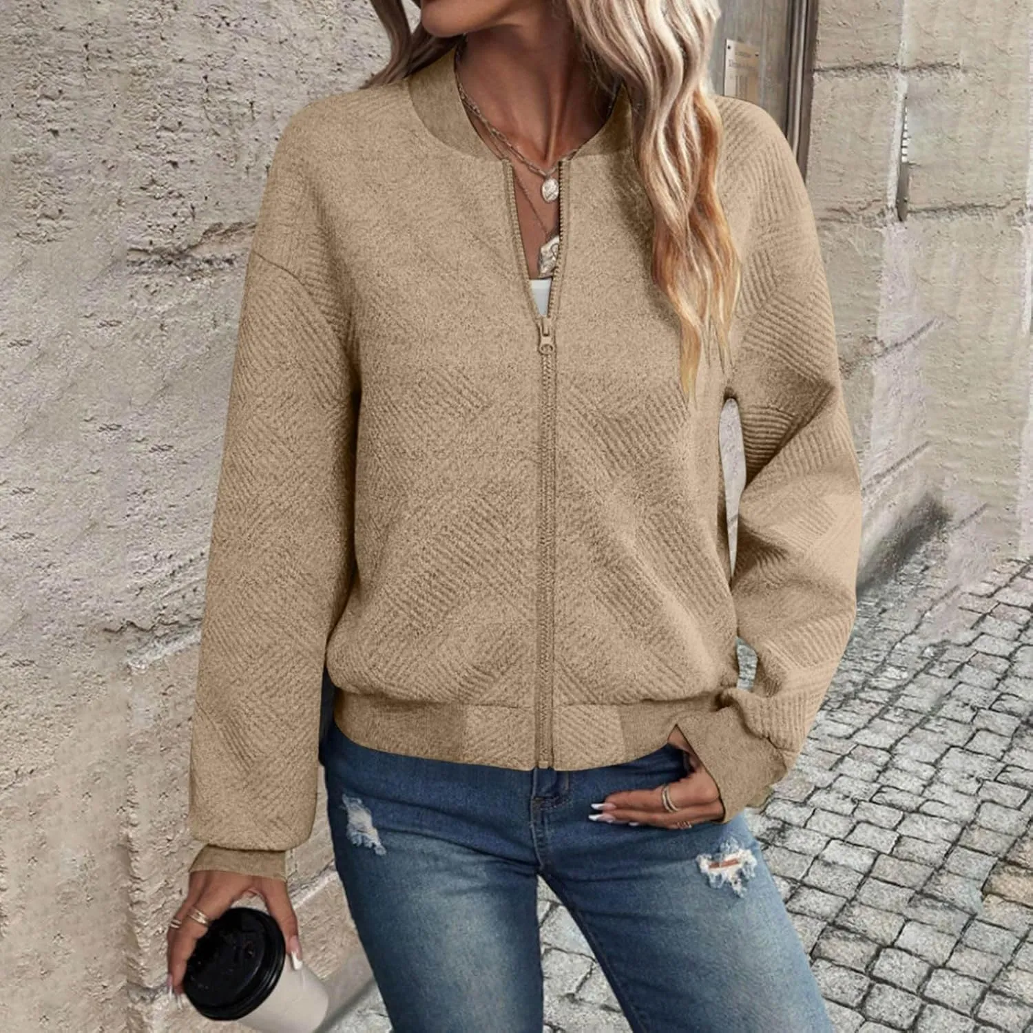 Lightweight Jacket Women Full Zip Bomber Jacket Soft Long Sleeve Zip Up Outwear Crew Neck Sweatshirt Coat Dressy Casual