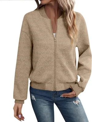 Lightweight Jacket Women Full Zip Bomber Jacket Soft Long Sleeve Zip Up Outwear Crew Neck Sweatshirt Coat Dressy Casual