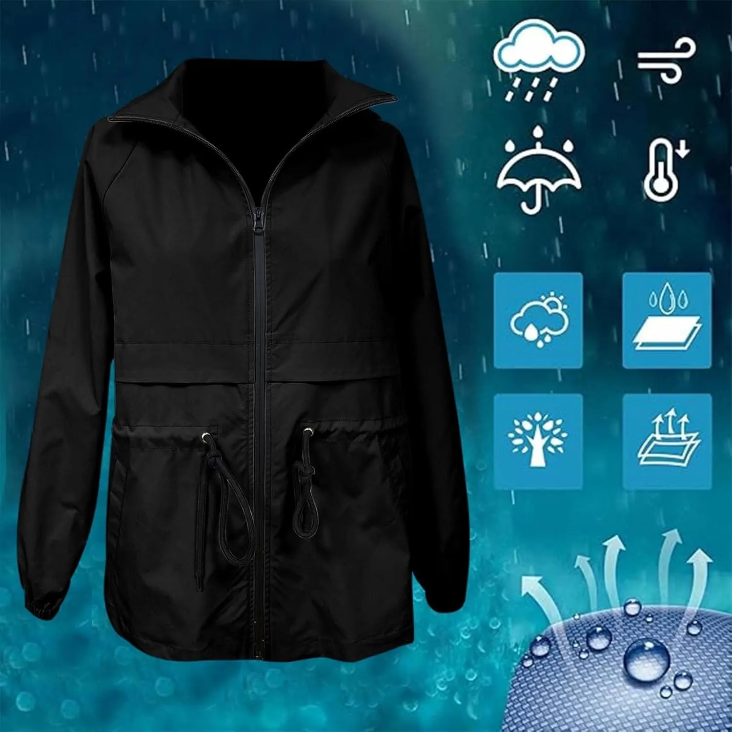 Lightweight Rain Jacket Women Raincoats Waterproof Windproof Adjustable Windbreaker Rain Coats Hooded with Pockets