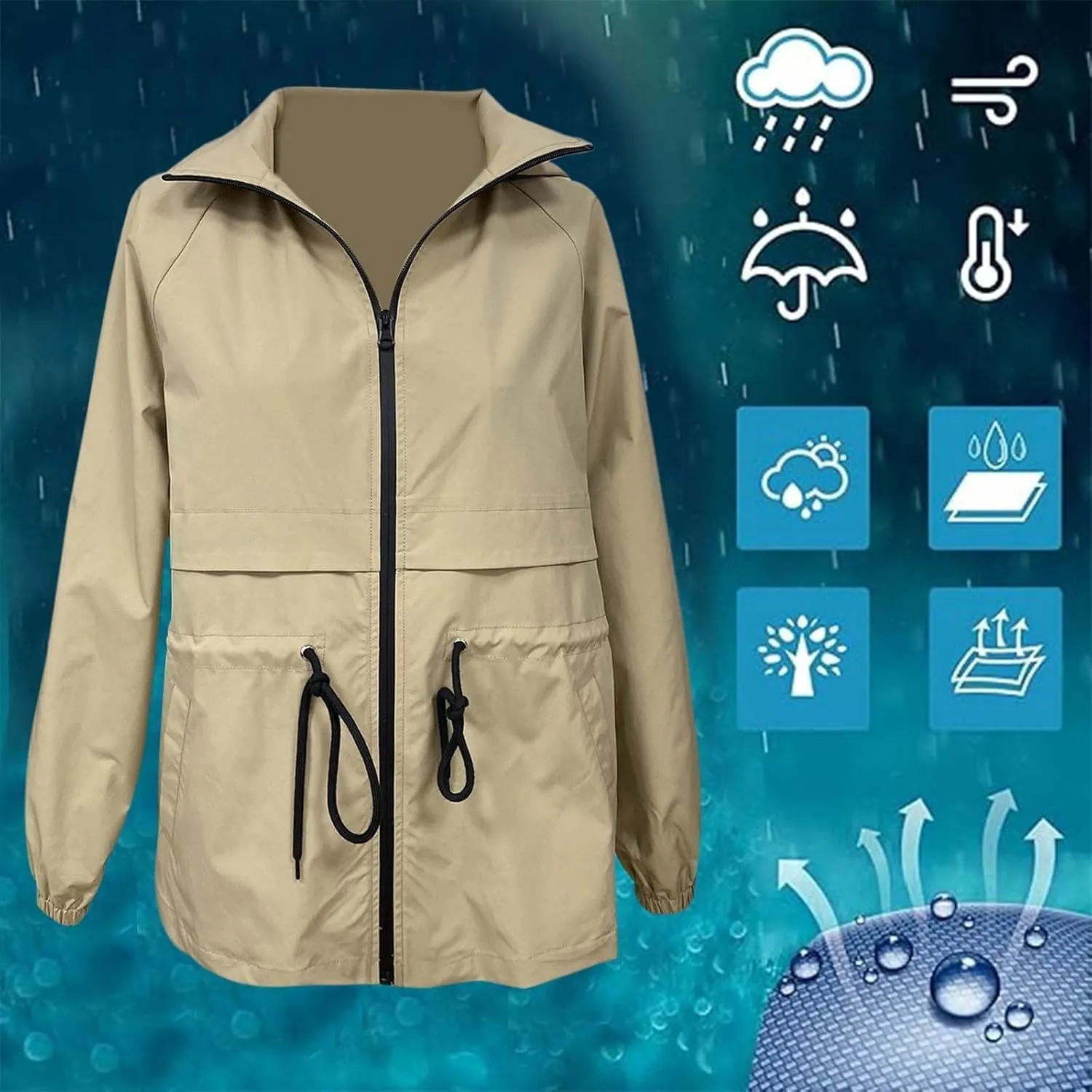 Lightweight Rain Jacket Women Raincoats Waterproof Windproof Adjustable Windbreaker Rain Coats Hooded with Pockets