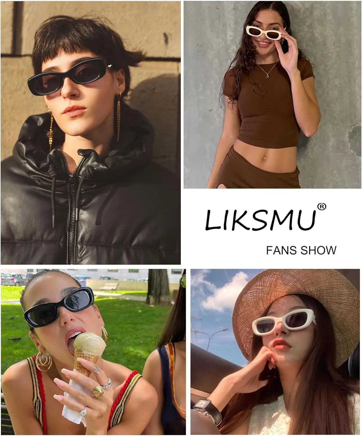 LIKSMU Rectangle Sunglasses for Women Men Trendy Cat Eye 90's Oval Fashion Sunglasses Retro Small Square Vintage Shades