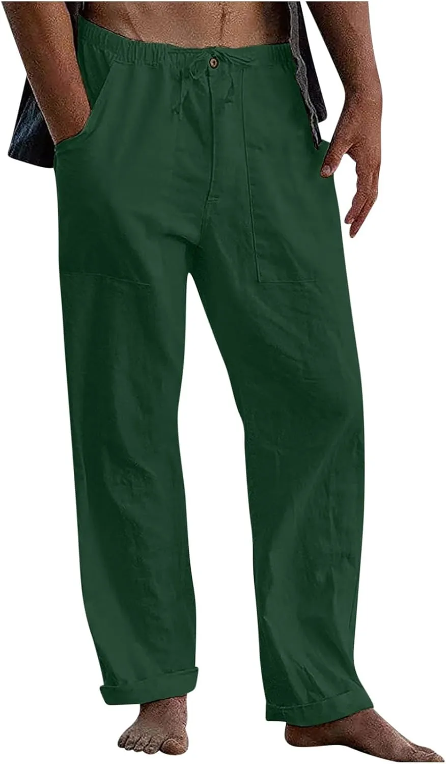 Linen Drawstring Pants Mens Elastic Waist Lightweight Trousers Casual Loose Straight Leg Yoga Fall Soft Beach Pants