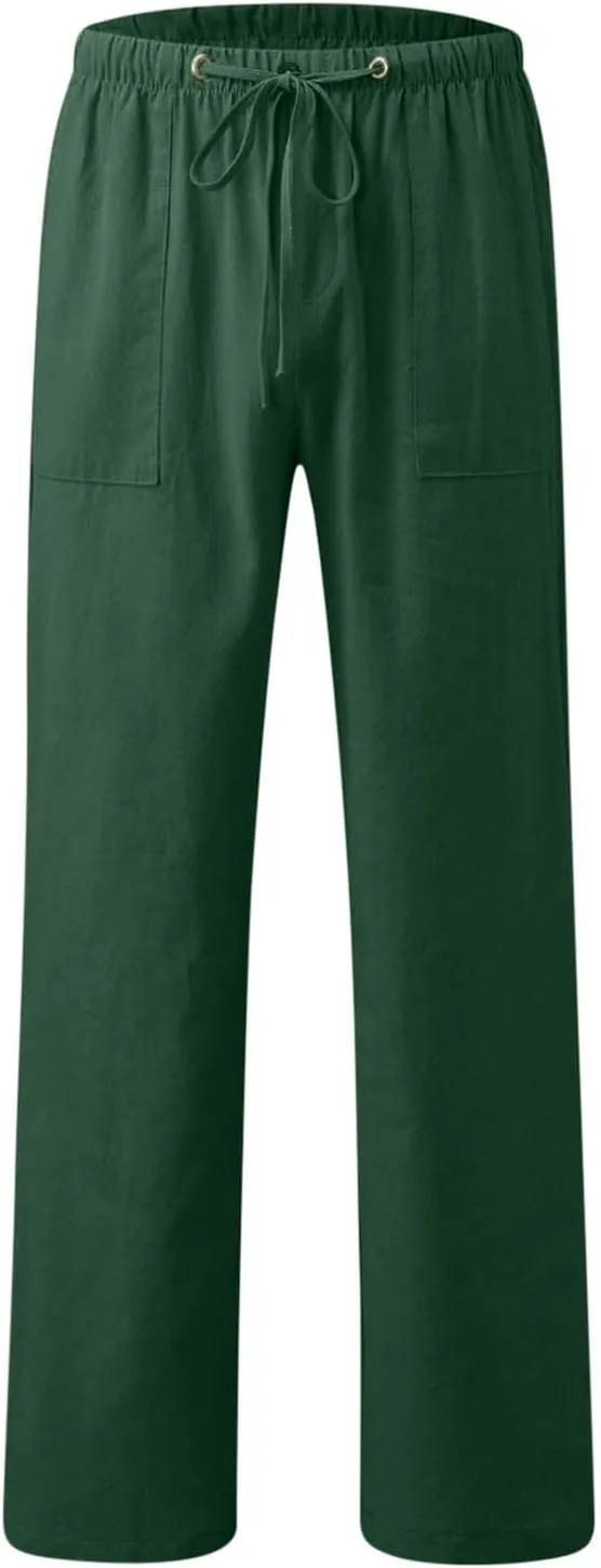 Linen Drawstring Pants Mens Elastic Waist Lightweight Trousers Casual Loose Straight Leg Yoga Fall Soft Beach Pants