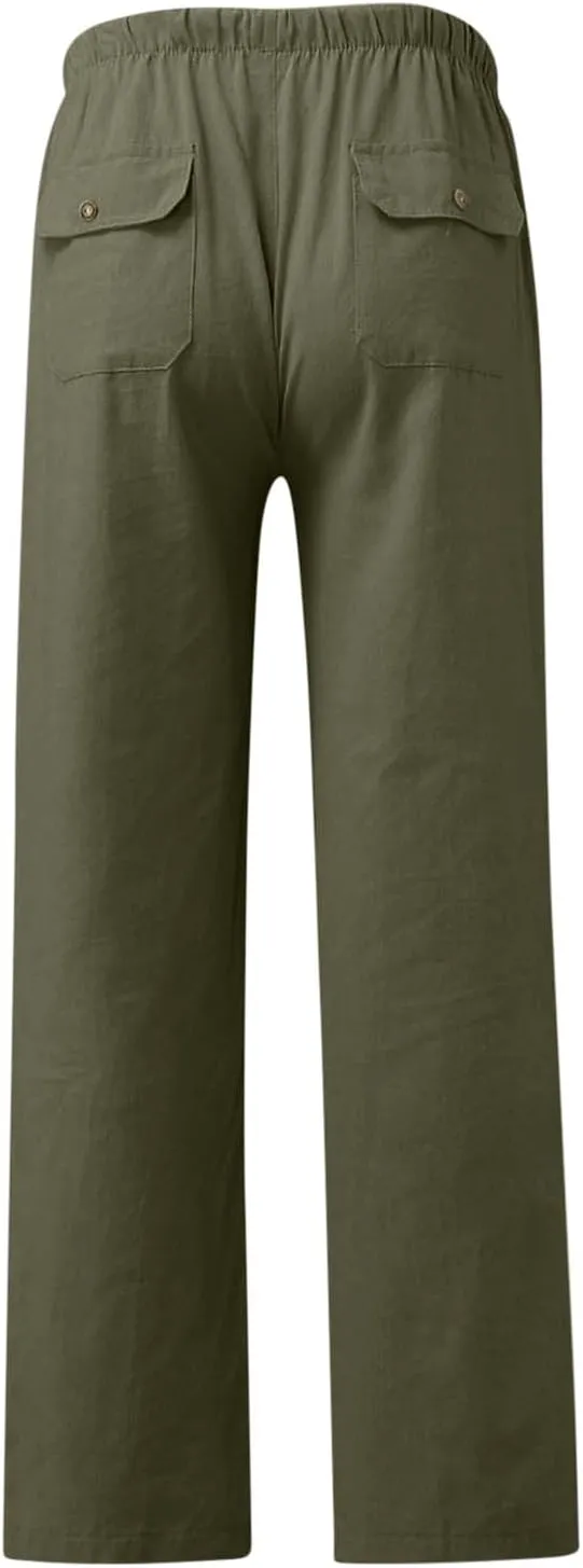 Linen Drawstring Pants Mens Elastic Waist Lightweight Trousers Casual Loose Straight Leg Yoga Fall Soft Beach Pants