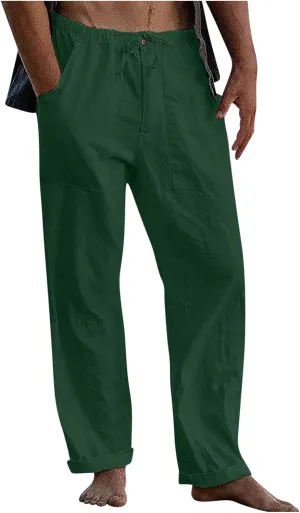 Linen Drawstring Pants Mens Elastic Waist Lightweight Trousers Casual Loose Straight Leg Yoga Fall Soft Beach Pants