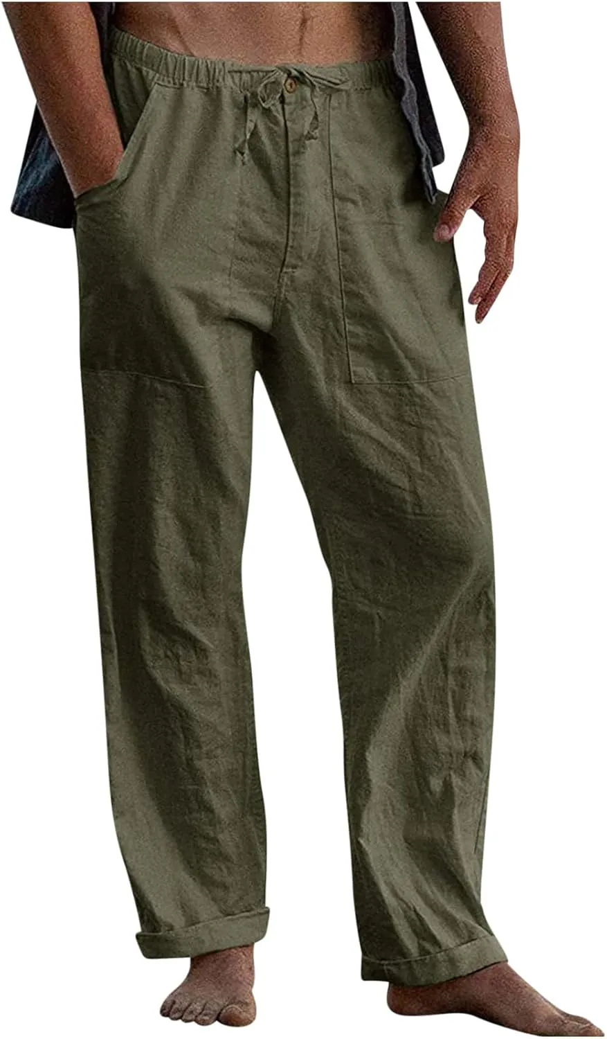 Linen Drawstring Pants Mens Elastic Waist Lightweight Trousers Casual Loose Straight Leg Yoga Fall Soft Beach Pants