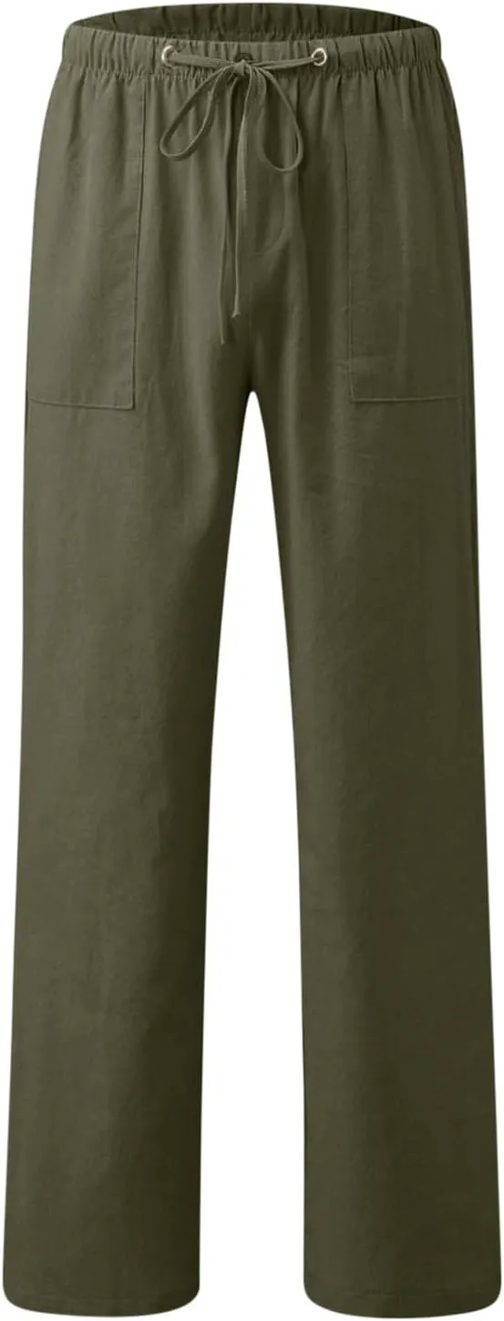 Linen Drawstring Pants Mens Elastic Waist Lightweight Trousers Casual Loose Straight Leg Yoga Fall Soft Beach Pants