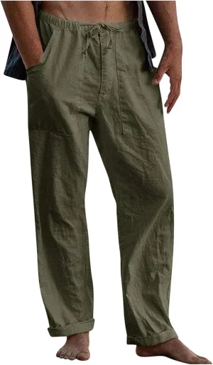 Linen Drawstring Pants Mens Elastic Waist Lightweight Trousers Casual Loose Straight Leg Yoga Fall Soft Beach Pants