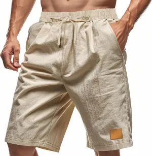 Linen Shorts for Mens Retro Summer Comfy Breathable Baggy Holiday Beach Pants Elastic Waist Casual Shorts with Pocket