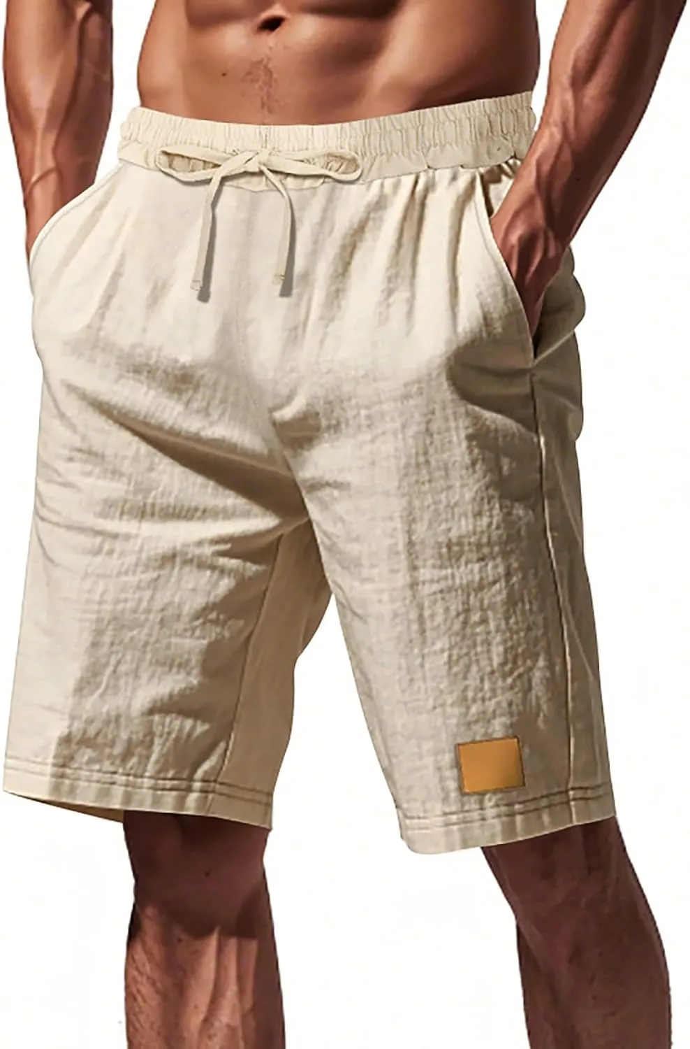 Linen Shorts for Mens Retro Summer Comfy Breathable Baggy Holiday Beach Pants Elastic Waist Casual Shorts with Pocket
