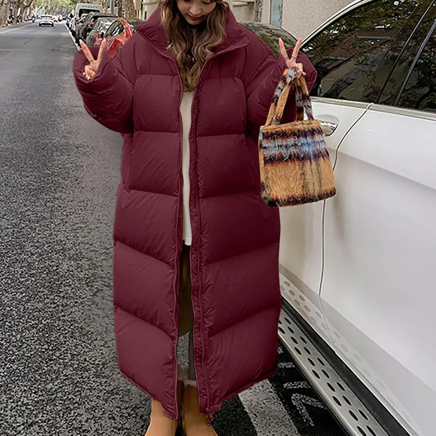 Long Quilted Puffer Coat for Women Maxi Length Down Jackets Oversized Stand Collar Warm Outerwear Parka Jacket