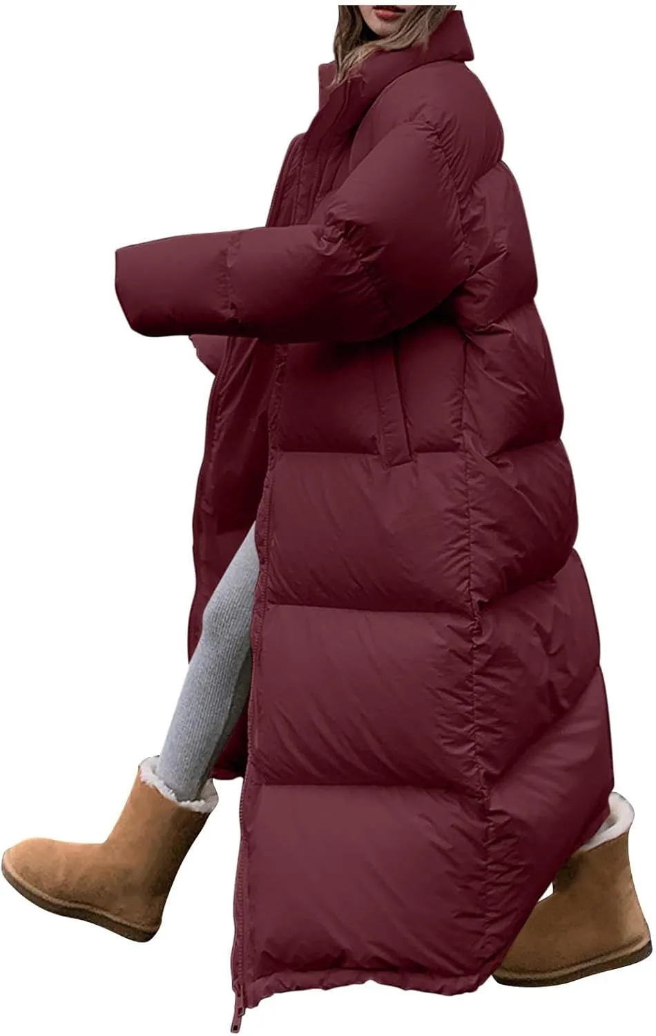 Long Quilted Puffer Coat for Women Maxi Length Down Jackets Oversized Stand Collar Warm Outerwear Parka Jacket