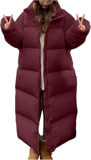 Long Quilted Puffer Coat for Women Maxi Length Down Jackets Oversized Stand Collar Warm Outerwear Parka Jacket