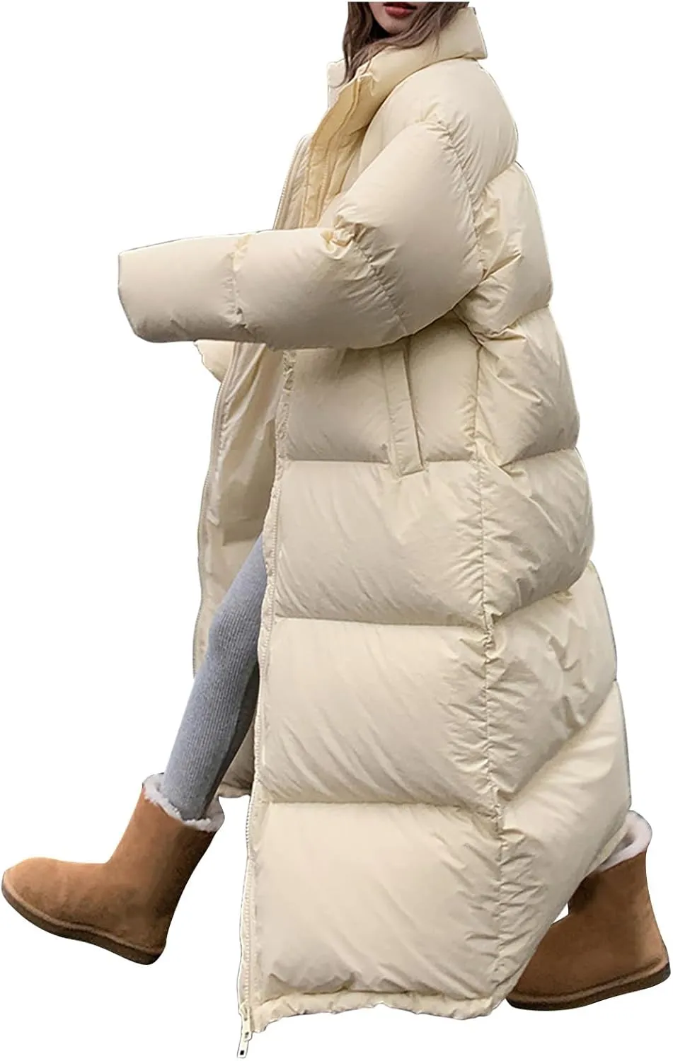 Long Quilted Puffer Coat for Women Maxi Length Down Jackets Oversized Stand Collar Warm Outerwear Parka Jacket