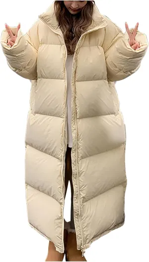 Long Quilted Puffer Coat for Women Maxi Length Down Jackets Oversized Stand Collar Warm Outerwear Parka Jacket
