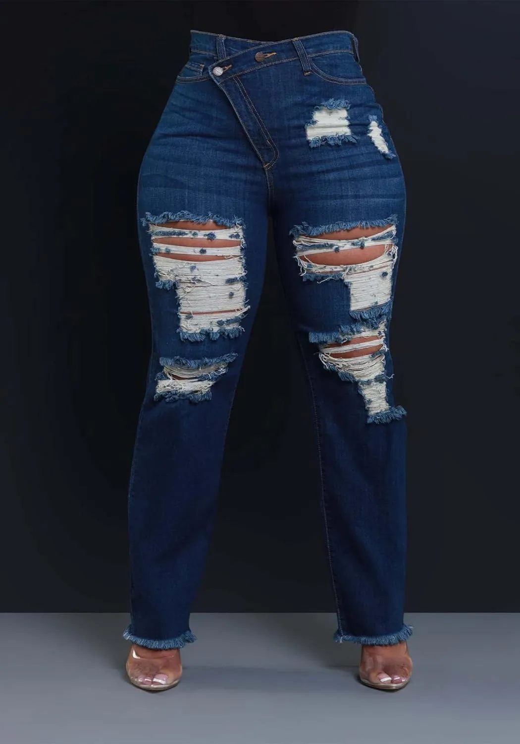 Lucuna Women's High Waisted Ripped Jeans Distressed Straight Leg Frayed Hem Y2K Trendy Denim Pants
