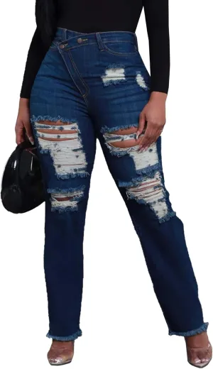 Lucuna Women's High Waisted Ripped Jeans Distressed Straight Leg Frayed Hem Y2K Trendy Denim Pants