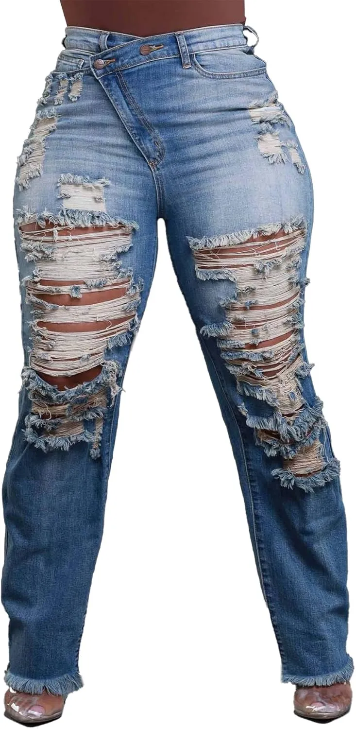 Lucuna Women's High Waisted Ripped Jeans Distressed Straight Leg Frayed Hem Y2K Trendy Denim Pants