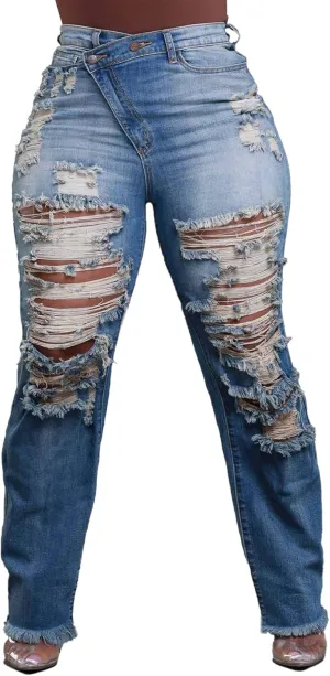 Lucuna Women's High Waisted Ripped Jeans Distressed Straight Leg Frayed Hem Y2K Trendy Denim Pants