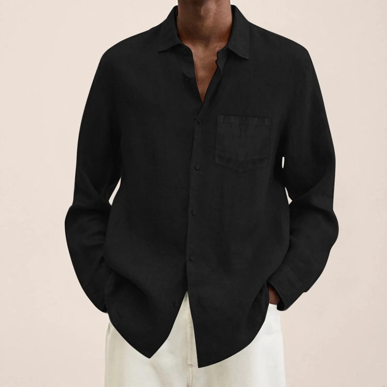 Male Summer Linen Solid Casual Plus Size Loose Shirt Mens Turn Down Long Sleeve Shirt Men's 5X T Shirts