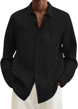 Male Summer Linen Solid Casual Plus Size Loose Shirt Mens Turn Down Long Sleeve Shirt Men's 5X T Shirts