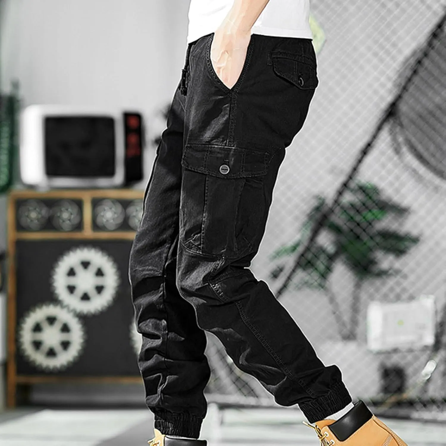 Men Cargo Pants Joggers Lightwieght Elastic Waist Pants Outdoor Hiking Pants with Multi Pockets Ripstop Cargo Pants