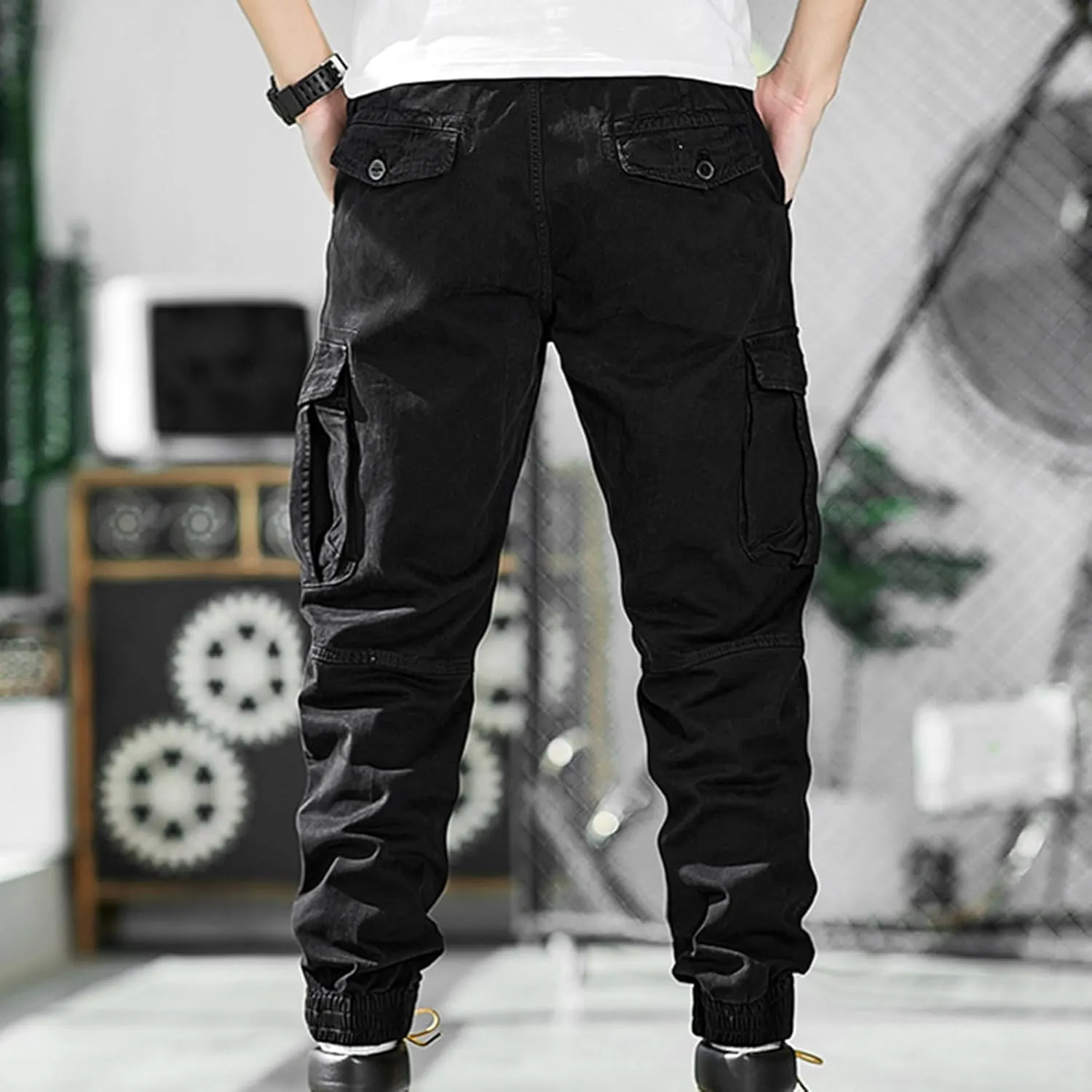 Men Cargo Pants Joggers Lightwieght Elastic Waist Pants Outdoor Hiking Pants with Multi Pockets Ripstop Cargo Pants