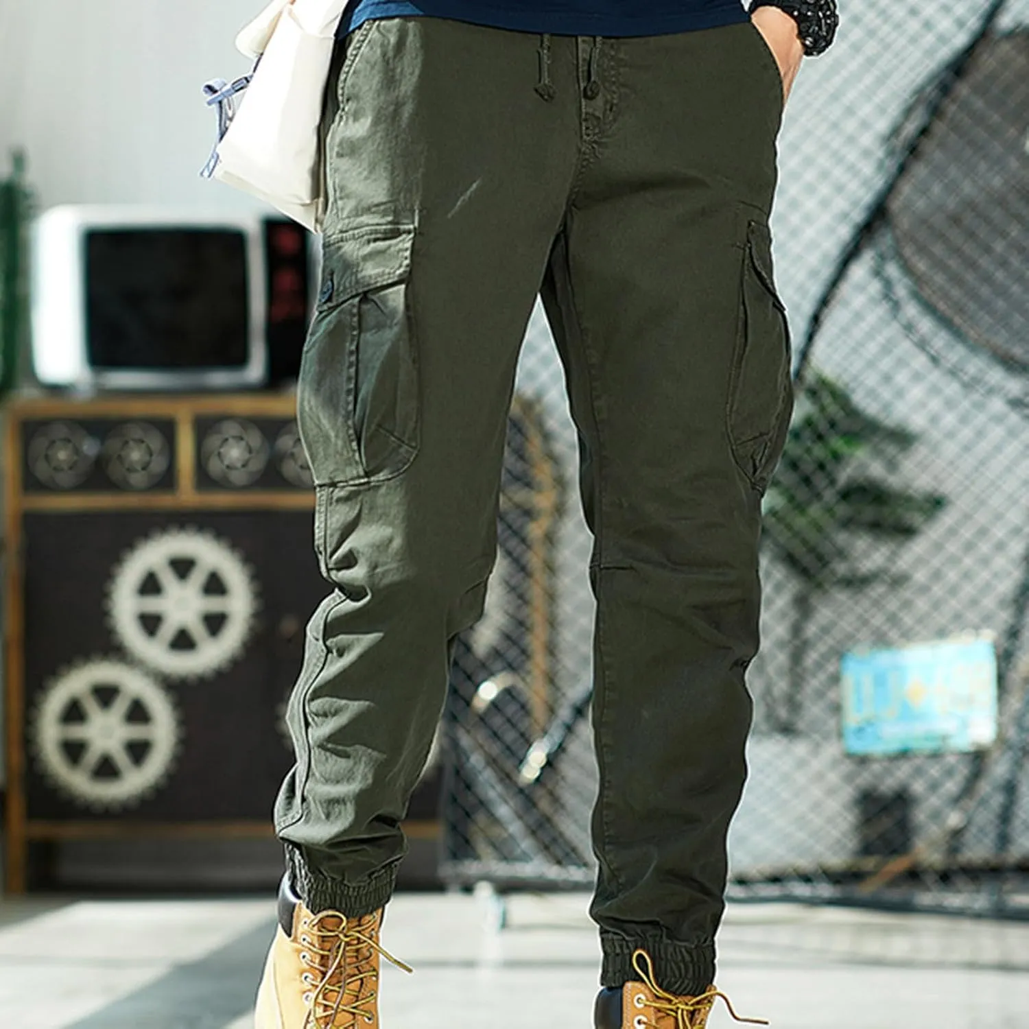 Men Cargo Pants Joggers Lightwieght Elastic Waist Pants Outdoor Hiking Pants with Multi Pockets Ripstop Cargo Pants