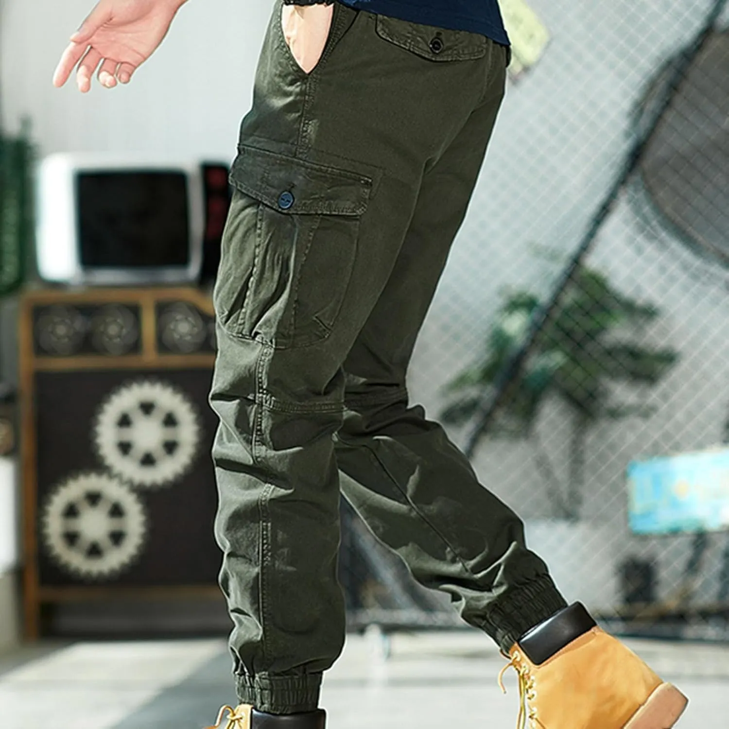 Men Cargo Pants Joggers Lightwieght Elastic Waist Pants Outdoor Hiking Pants with Multi Pockets Ripstop Cargo Pants